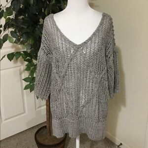 Anthropologie Curio Grey Oversized V Neck Open Knit Casual Sweater S